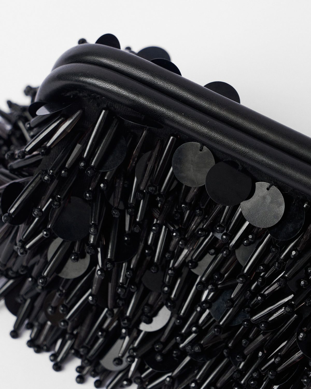 Close-up of black bugle beads and sequins on the Starry Night Clutch.
