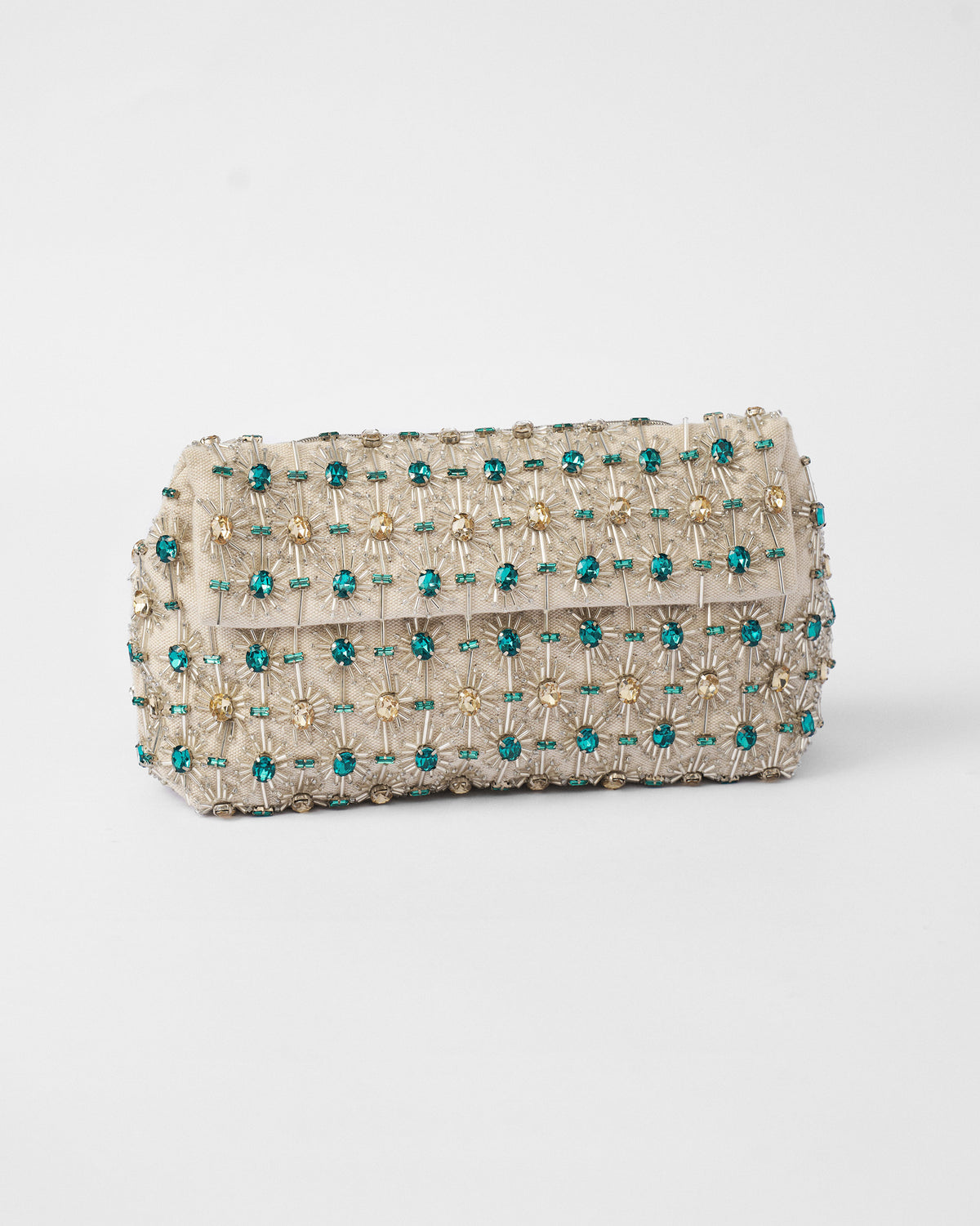 Ivory Noor Clutch with teal gems and champagne starburst beadwork.
