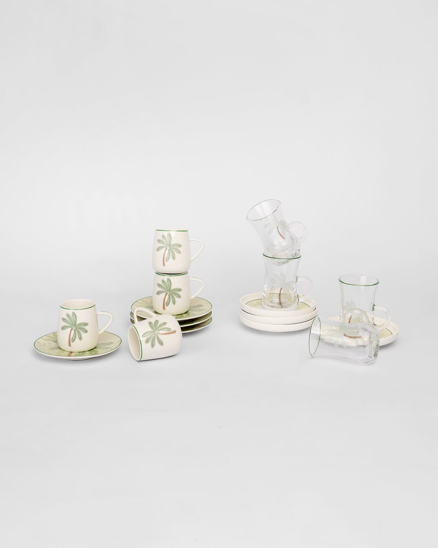Palm-printed bone china cups and glass cups with their saucers
