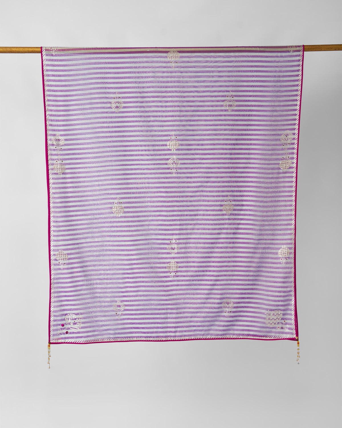 Full Vana dupatta in lilac and white stripes with sequin motifs and a pink border.