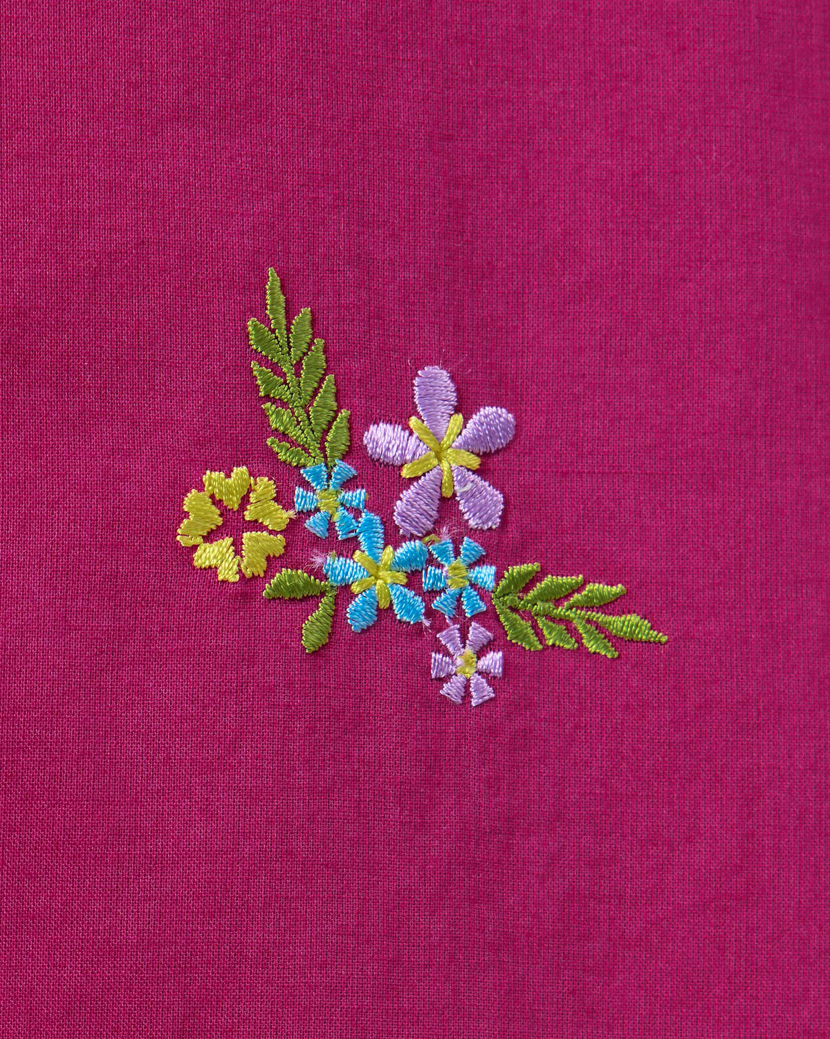 Close-up of a floral embroidery cluster on a berry pink Narsa kurta.