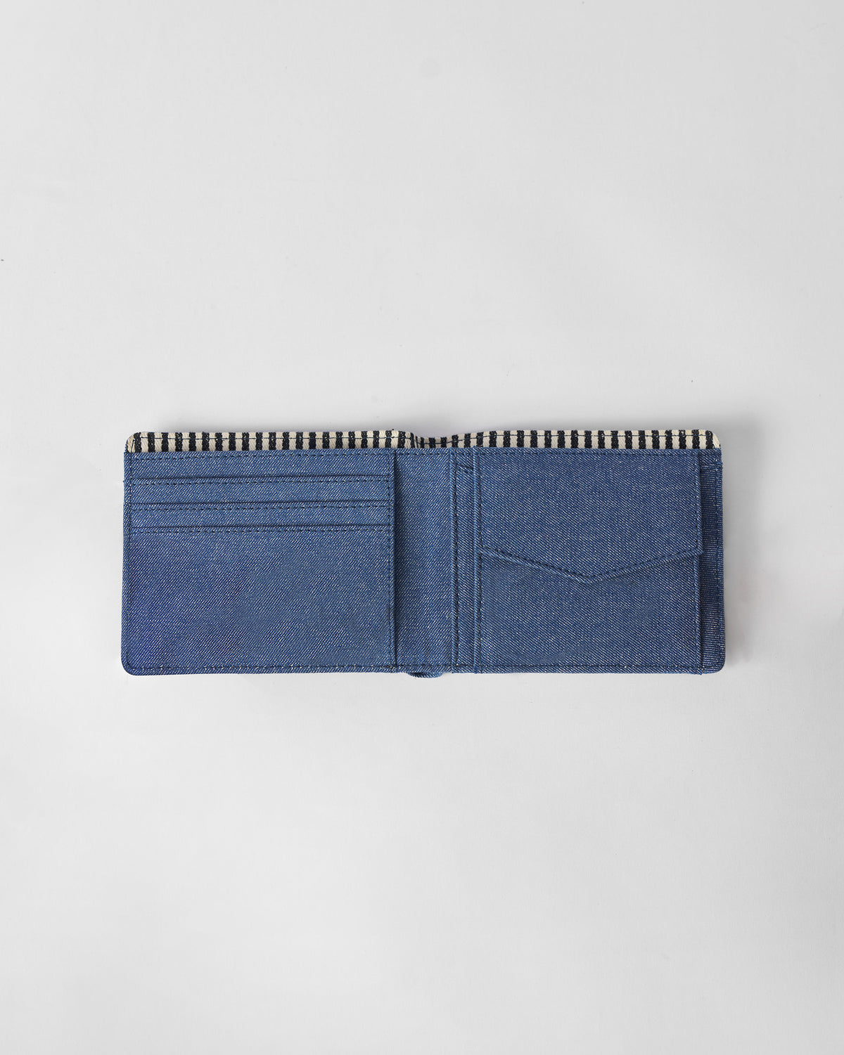 Open denim blue Classic Bi-Fold Wallet showing card slots and coin pocket.