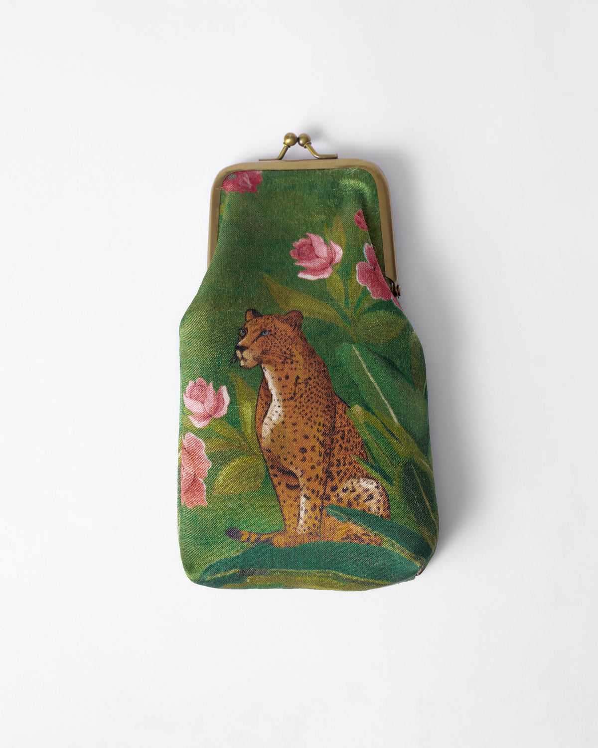 Green Hana Spec Case with leopard and floral print and brass clasp.