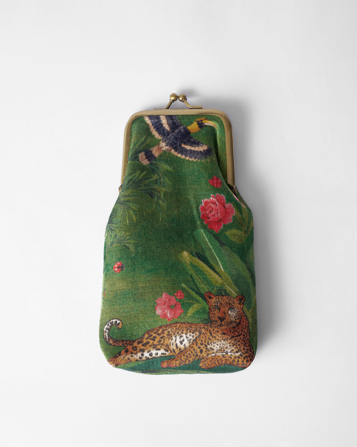 Green Hana Spec Case printed with leopard, flowers, and a hornbill.