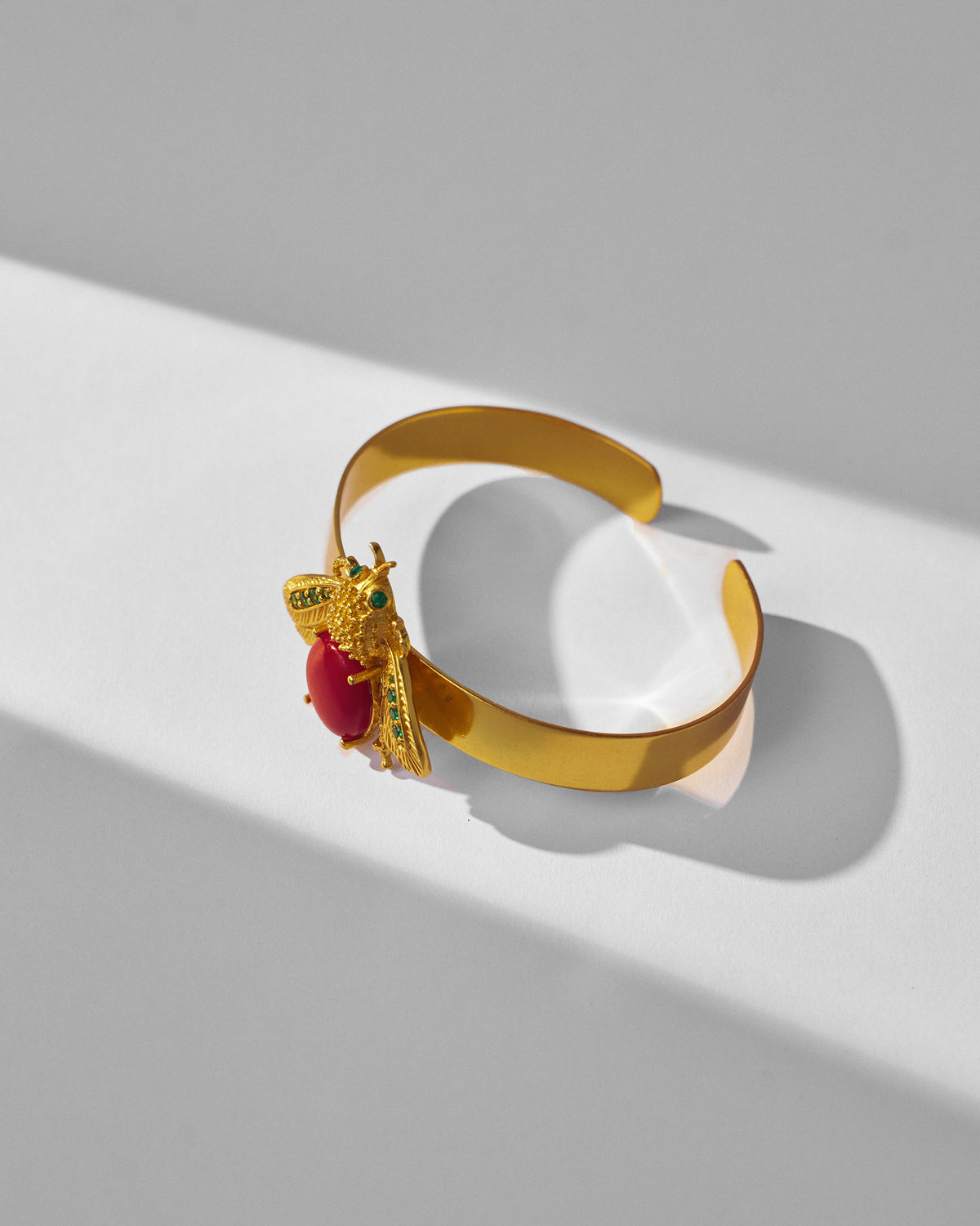 Gold Bug cuff bracelet showing the sculptural insect ornament.