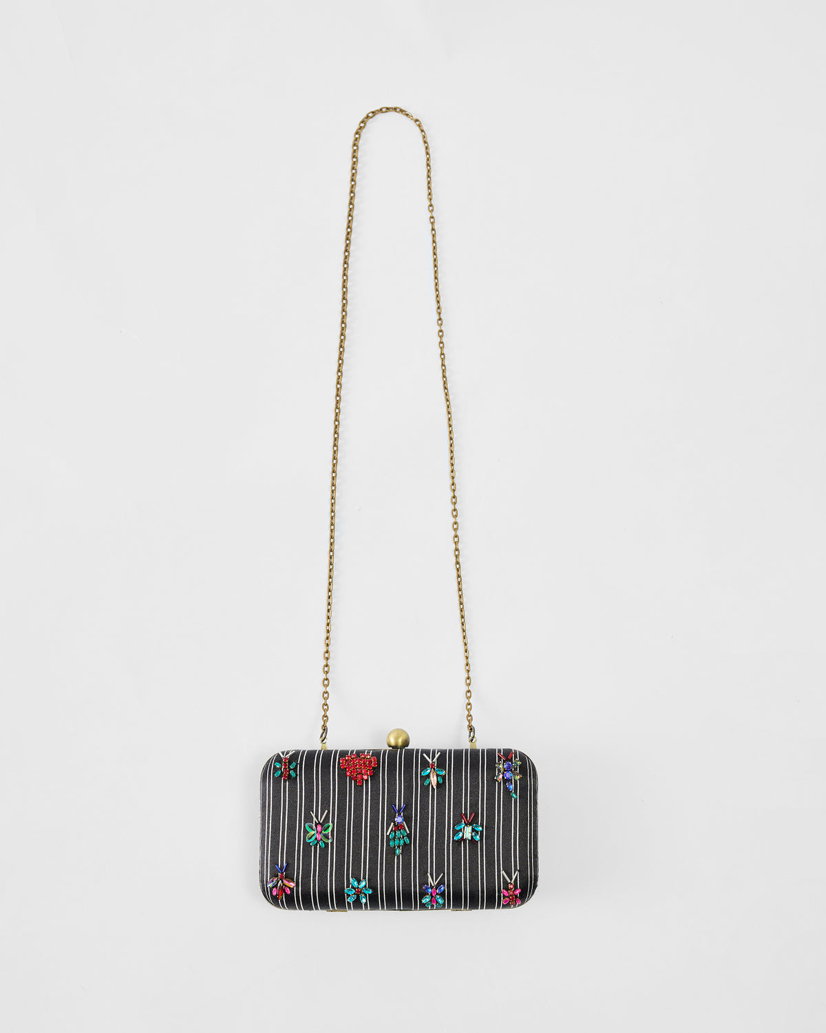 Black embroidered Martini Clutch with a gold chain strap.