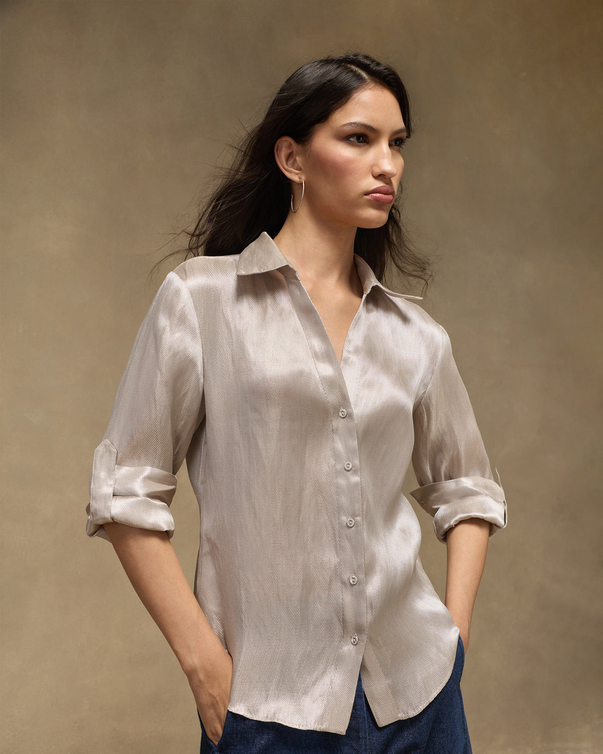 Person wearing a silver tissue organza button-down shirt.