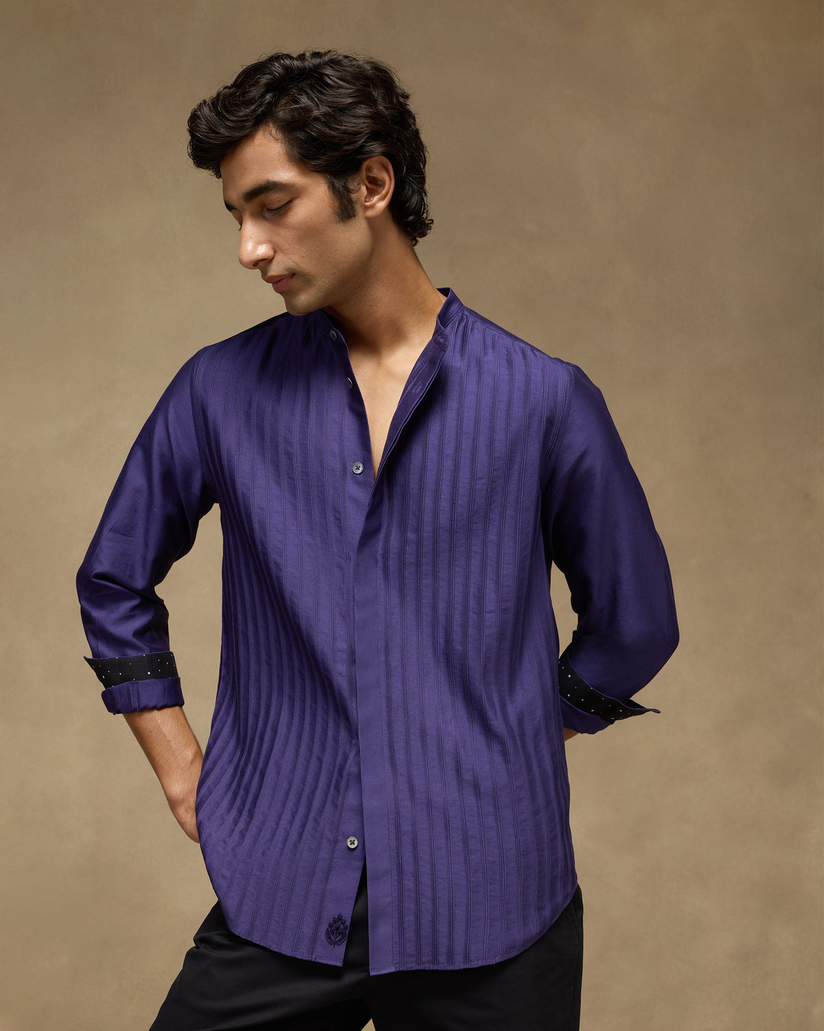 Sundown Shirt three-quarter front in deep purple with open band collar.