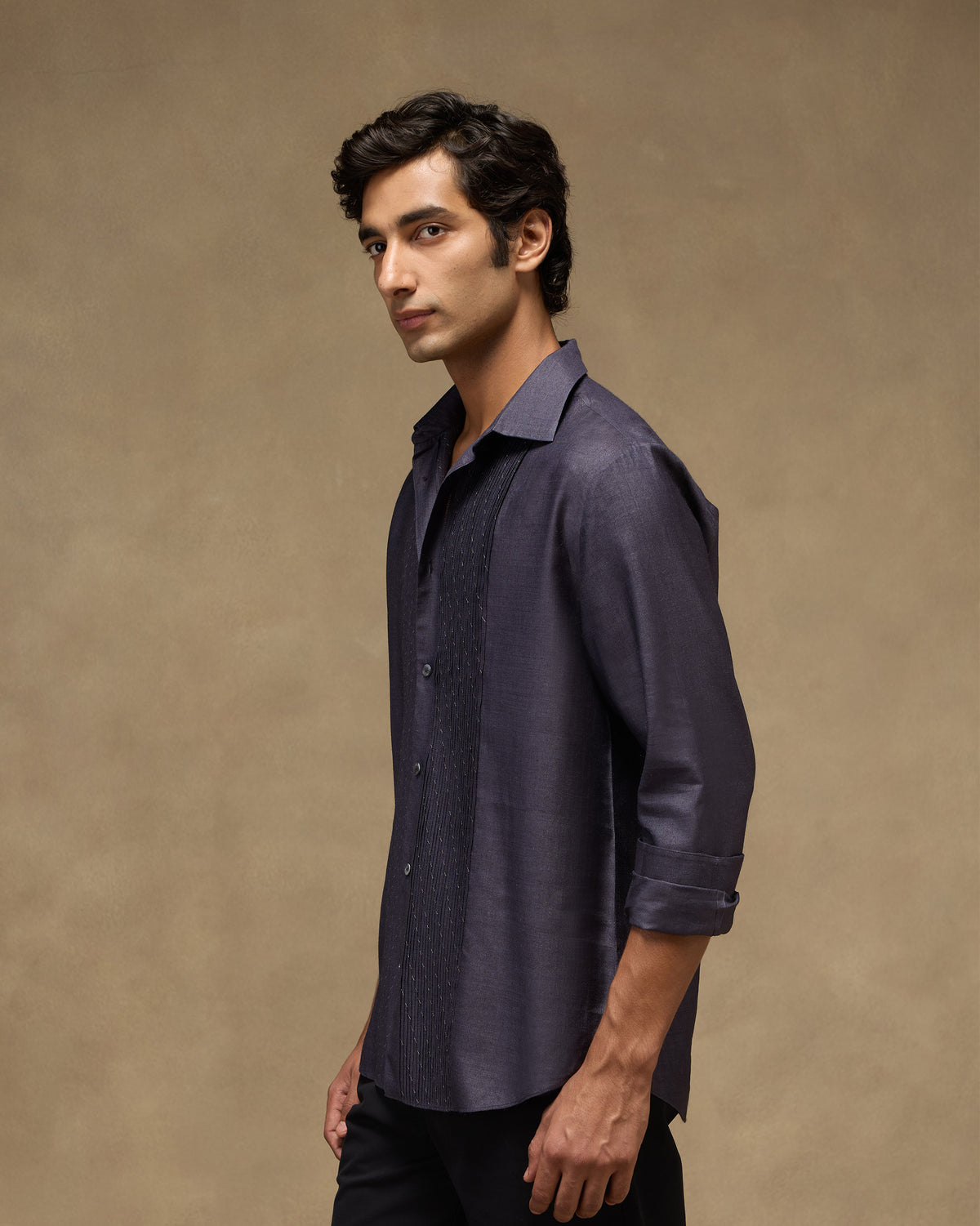 Side view of a light purple Afterglow shirt with embroidered pintuck panels.