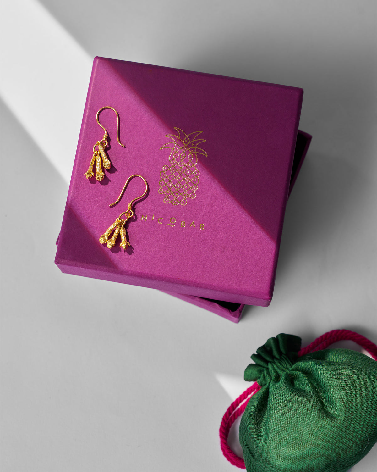 Pair of Clove Earrings displayed on a magenta gift box.