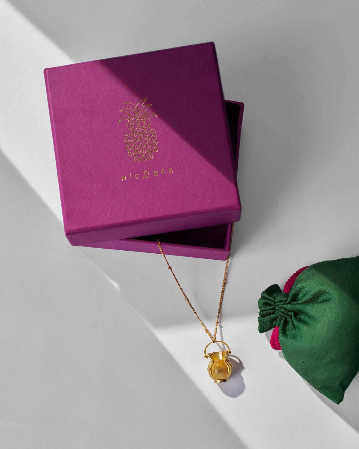 Gold Sage pot necklace on a purple Nicobar gift box.