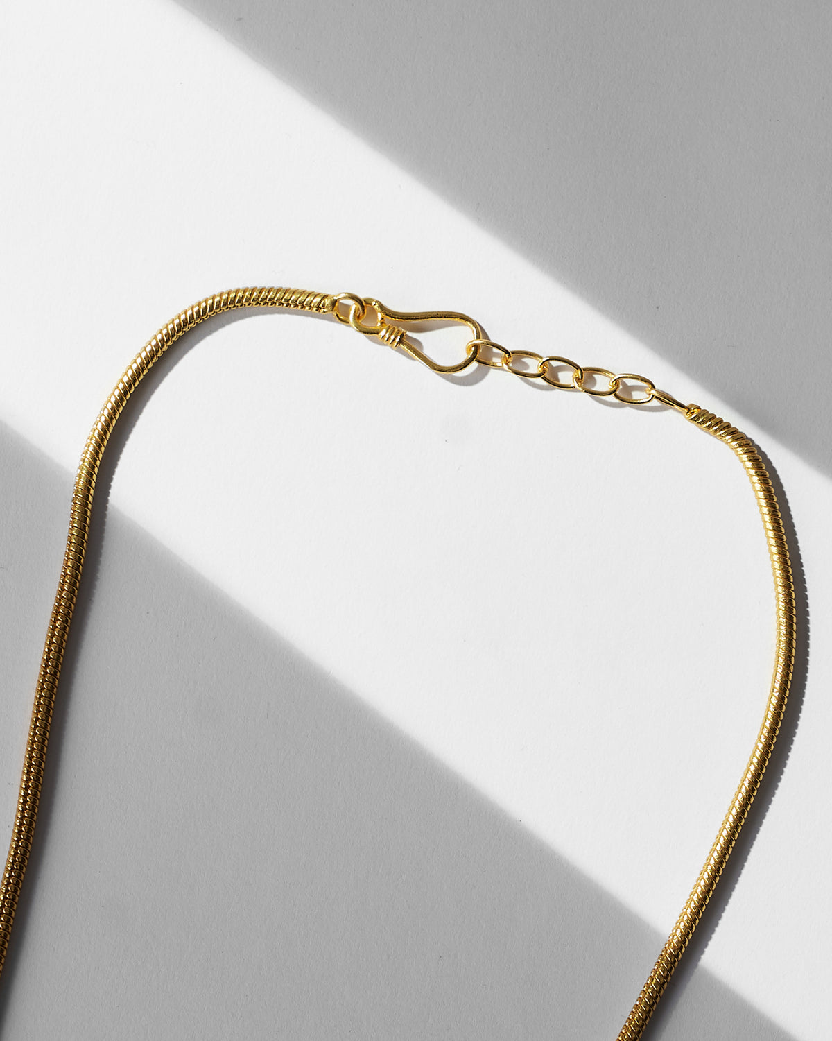 Close-up of the gold Appu necklace clasp and extender chain.