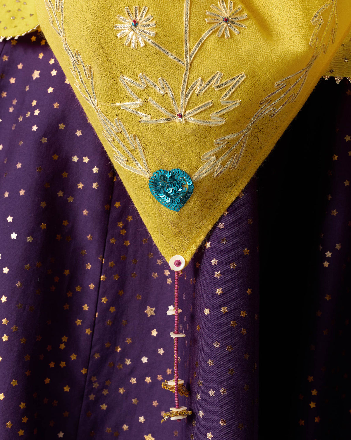 Close-up of the Saanjh shawl with embroidered florals and a teal sequin motif.