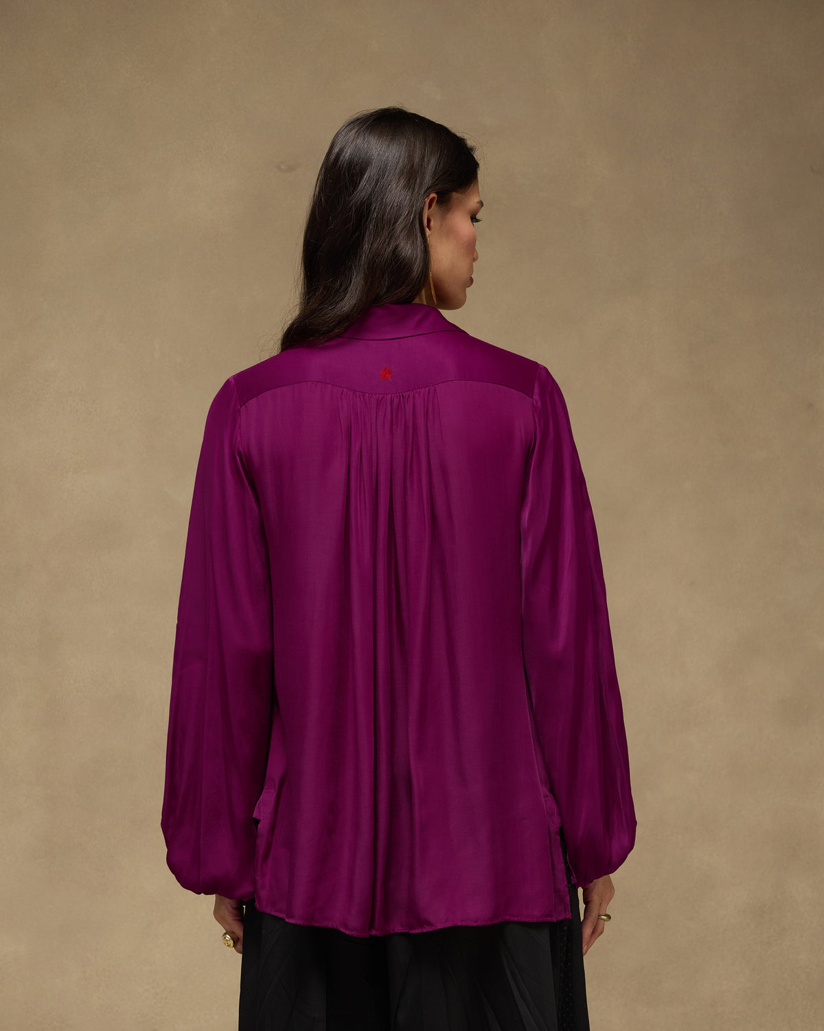 Back of purple Daydream Shirt with a gathered yoke worn by a person.