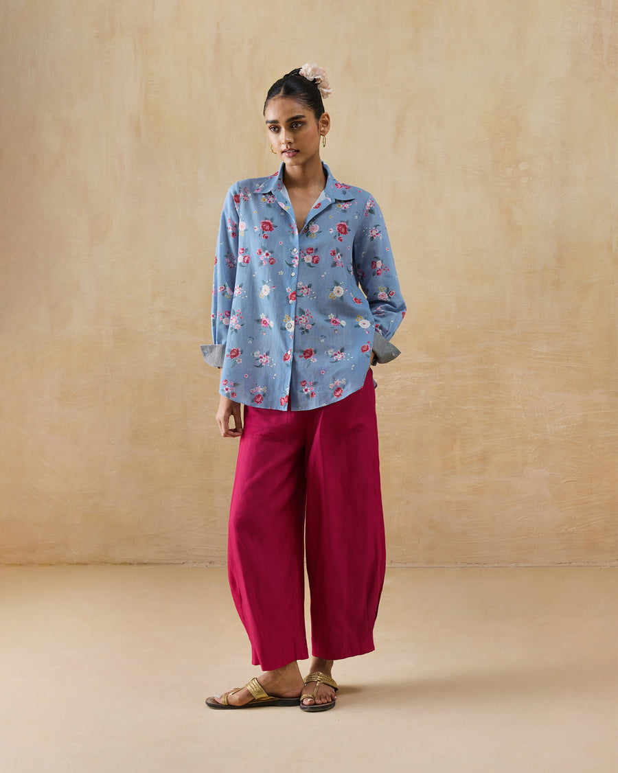 The Detour Shirt worn loose over pink Serene Pants with flat sandals.