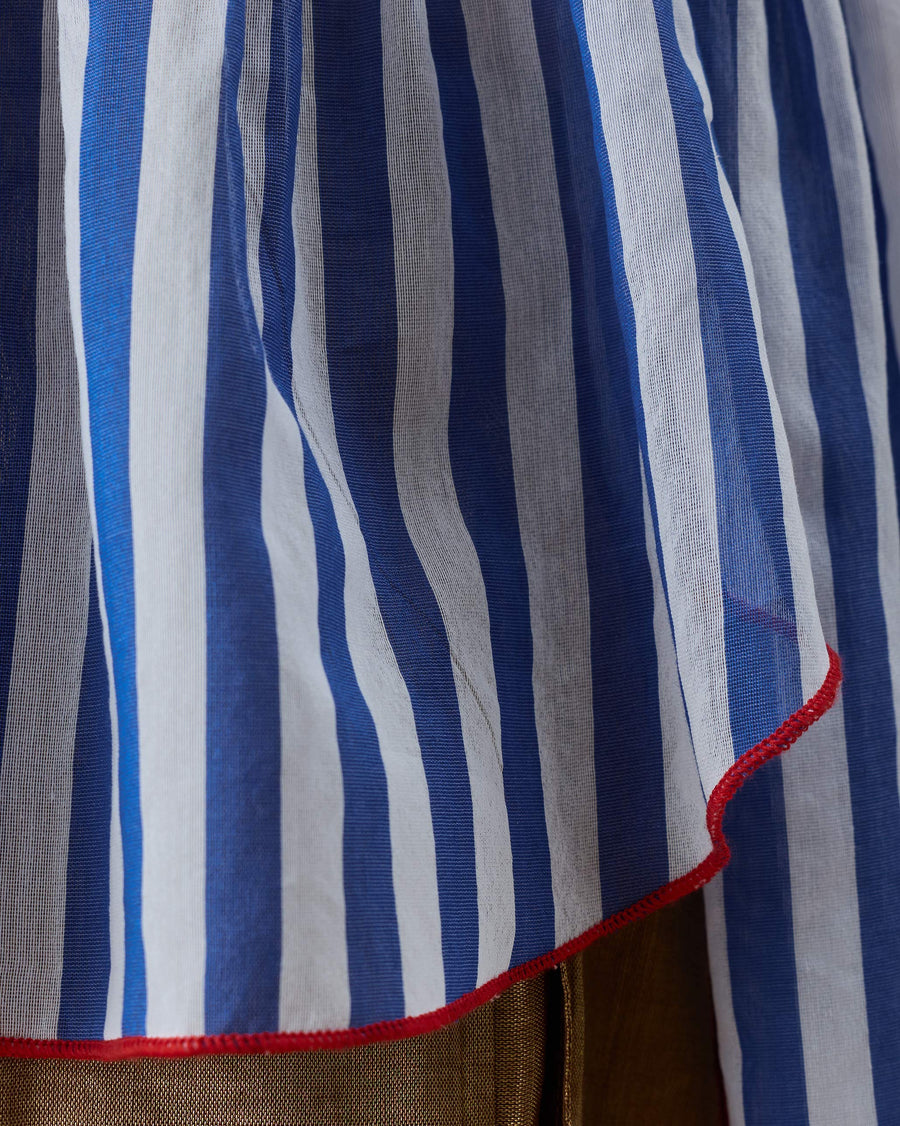 Close-up of the hem of the Sundowner Top: cobalt and ivory stripes finished with a fine red edge.
