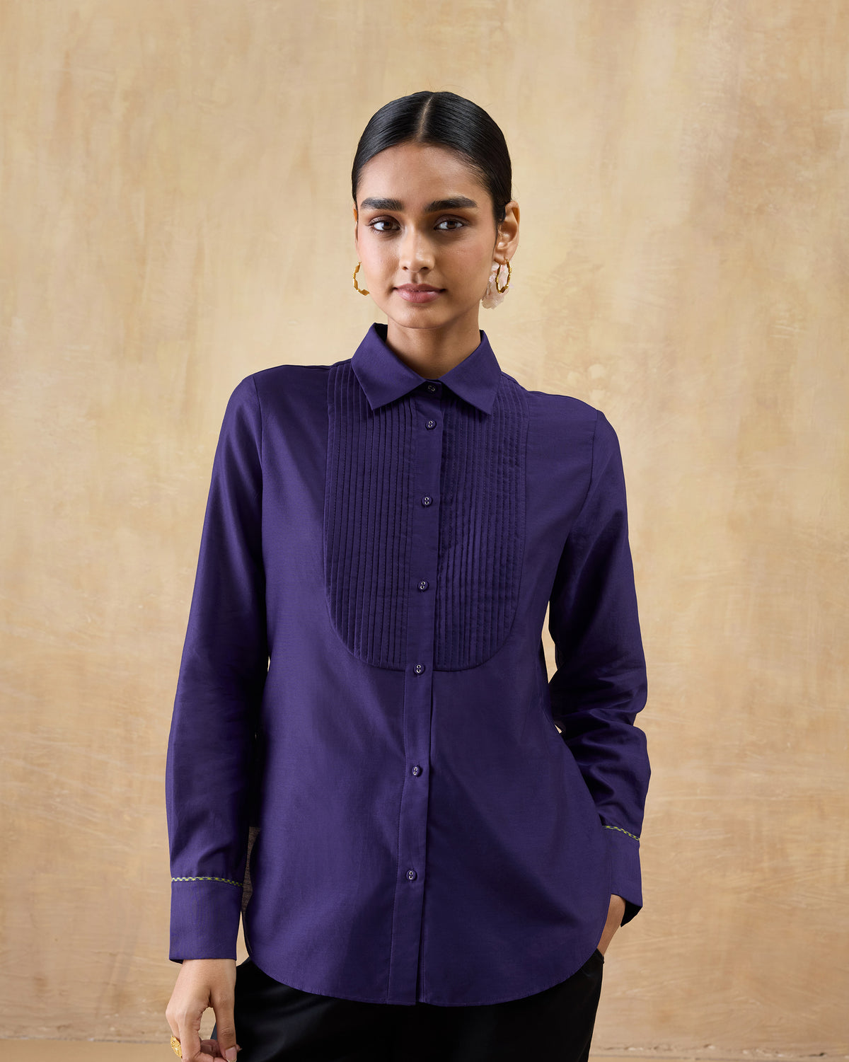 Purple Tuxedo Shirt with a pintuck bib and embroidered cuff detail.
