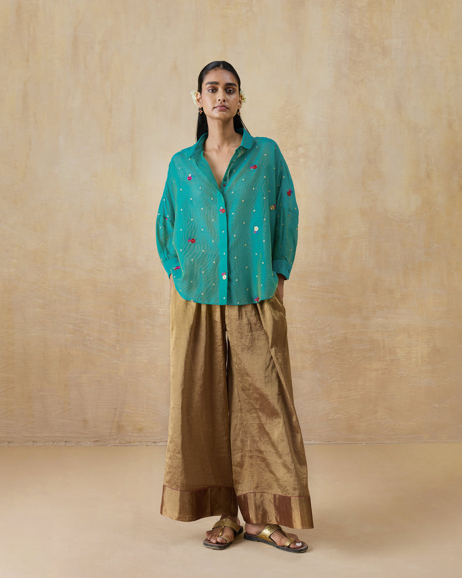 The Boxy Shirt worn with gold Charisma Pants.