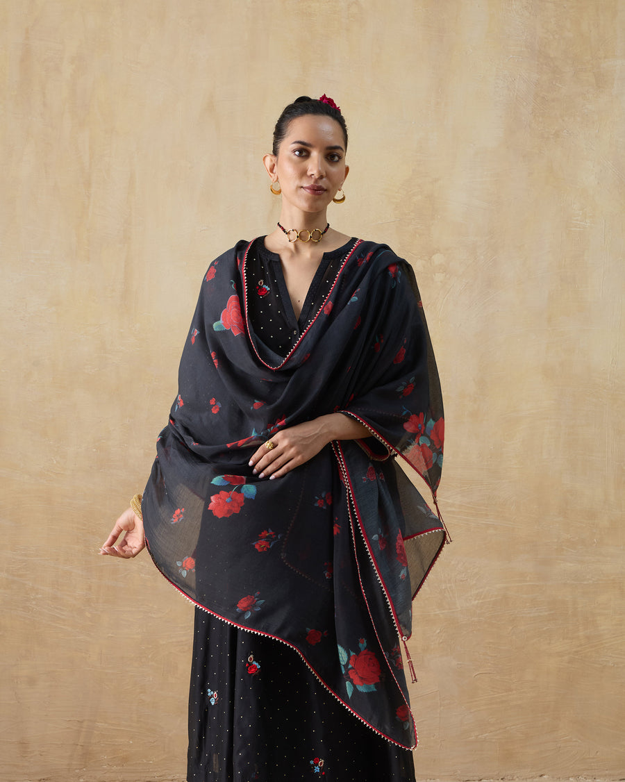 The Fizz Dupatta, a black cotton silk dupatta with large red roses, draped over both shoulders.