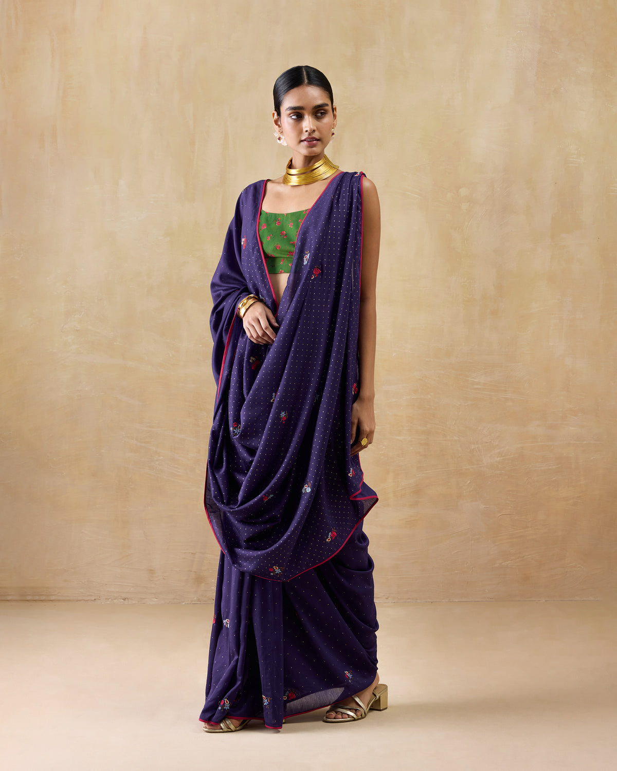 Person wearing a purple Midnight Dance Sari with a red piped border.