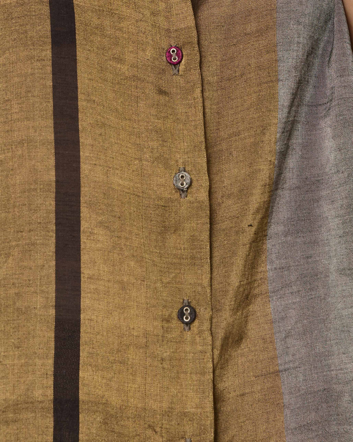 Close-up of the Firefly shirt placket with a fuchsia top button.