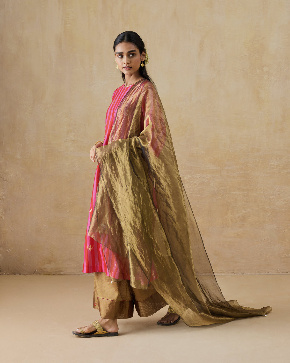 Full-length red and berry striped Galaxy kurta with gold foil buttas.