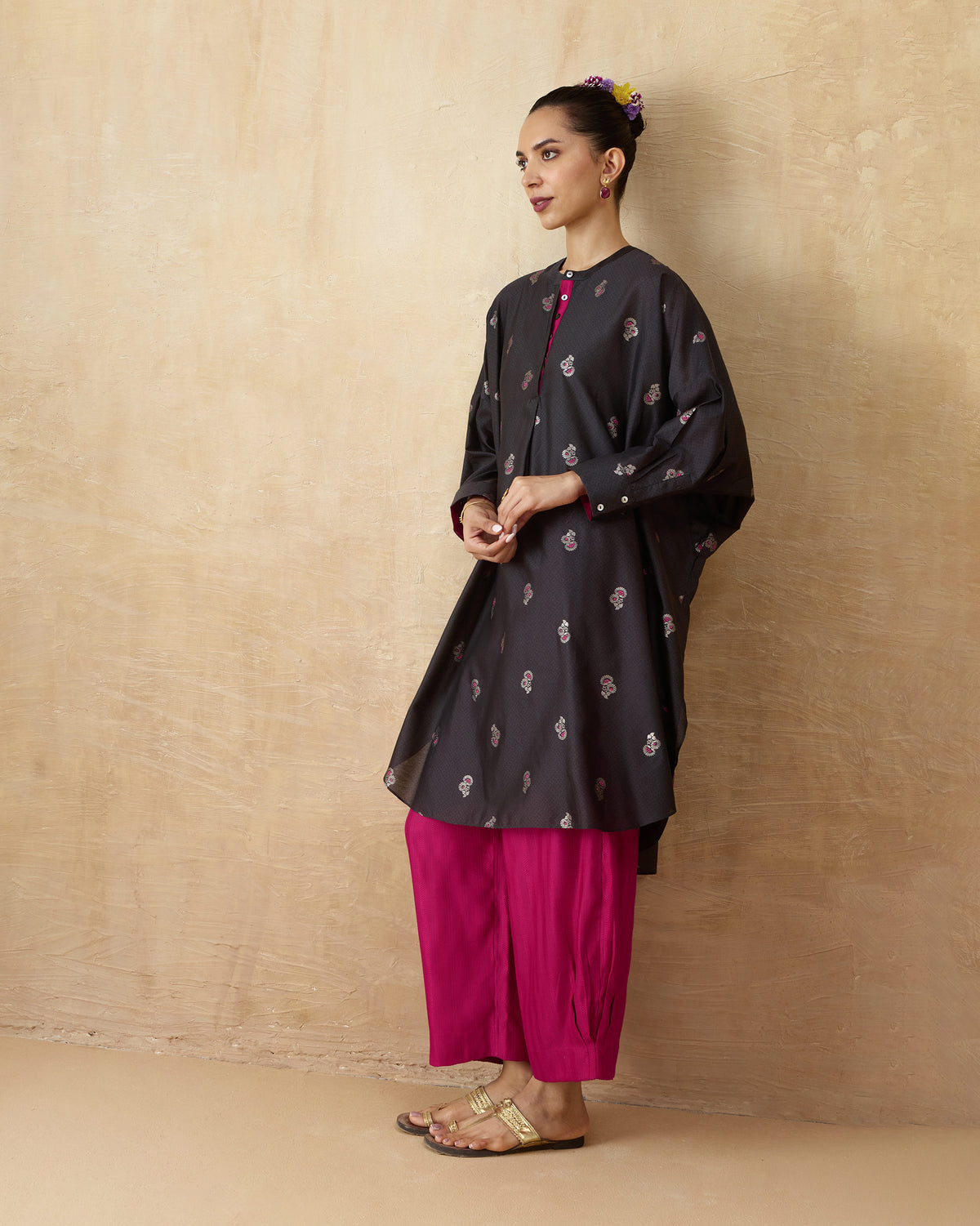 Charcoal Lazy Sunday tunic with pink floral motifs in a longline oversized fit.