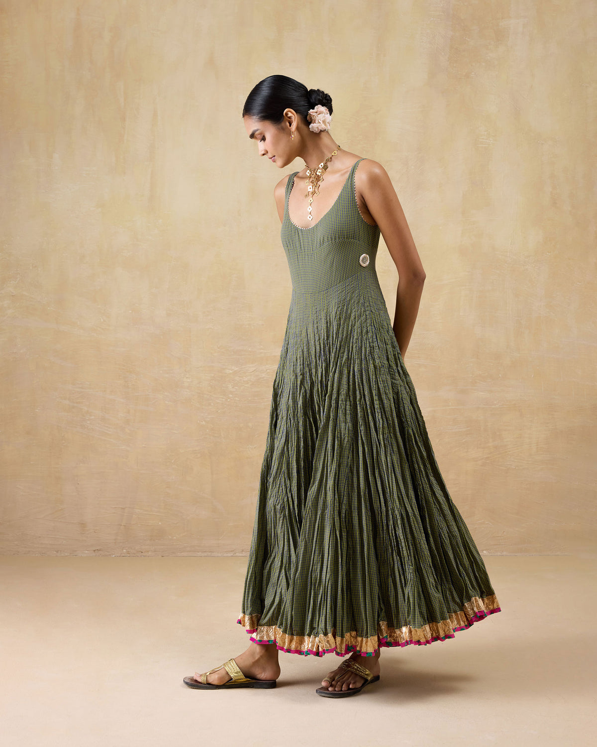 Side view of a purple-and-lime check Kochi kurta with a crinkled flared skirt.