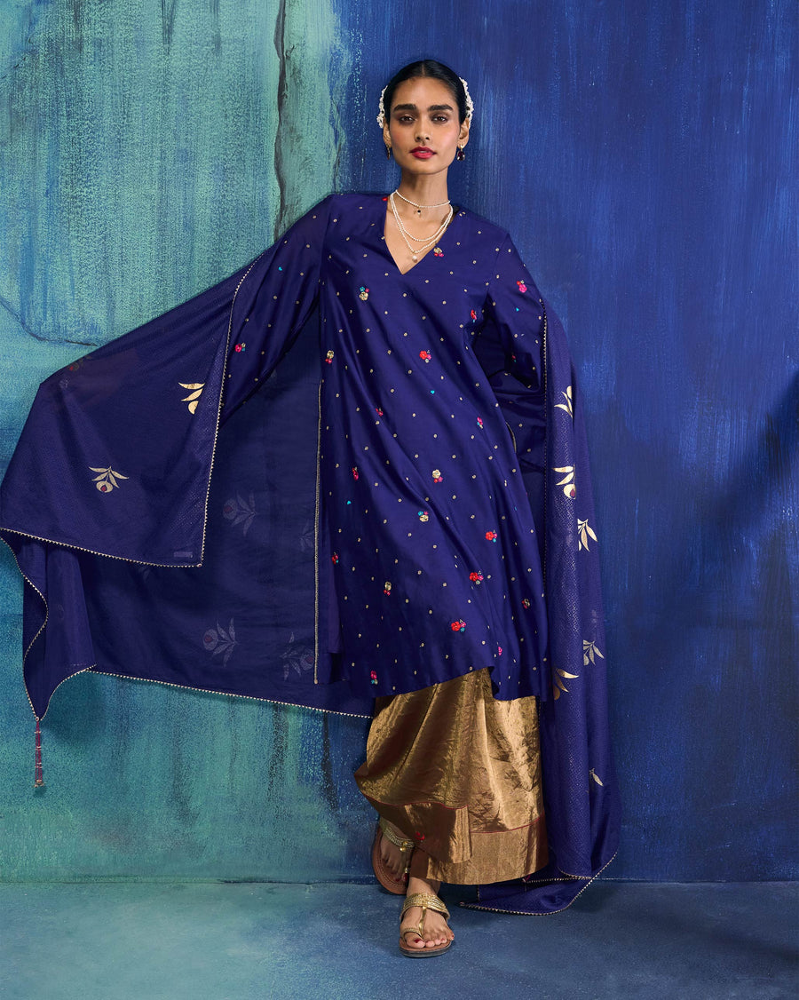 The Nebula Kurta worn with gold Charisma Pants and the Buzz Dupatta against a blue backdrop.