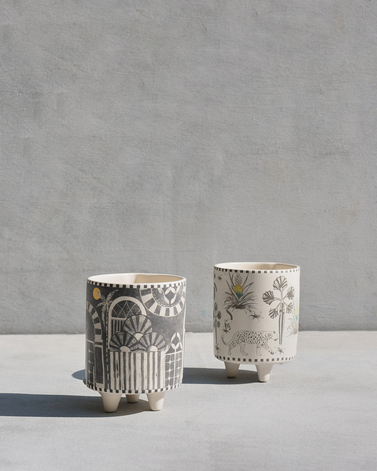 Pair of Monchrome planters with arch and leopard tropical prints.