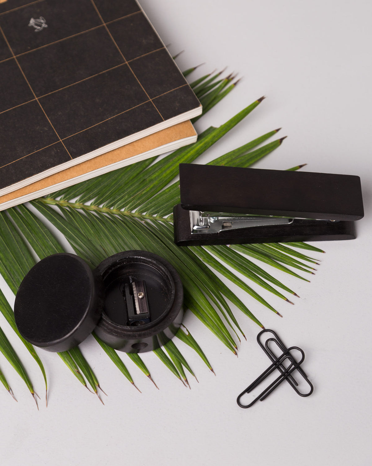 Colombo wood stapler and sharpener on a palm leaf with black U-clips.