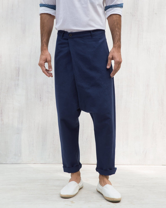 Blue Slouchy pants with a wrap front and drop-crotch fit.