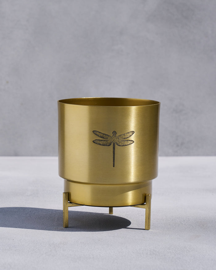 Gold Dune planter on a tripod stand with an etched dragonfly.