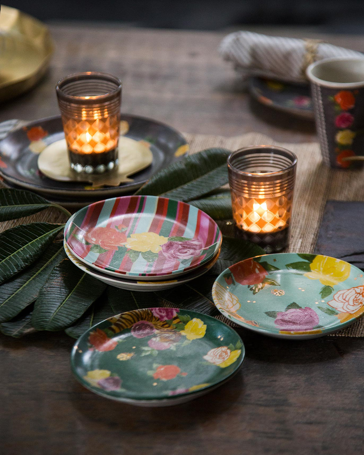 Serai Tea Plates set on a dining table.