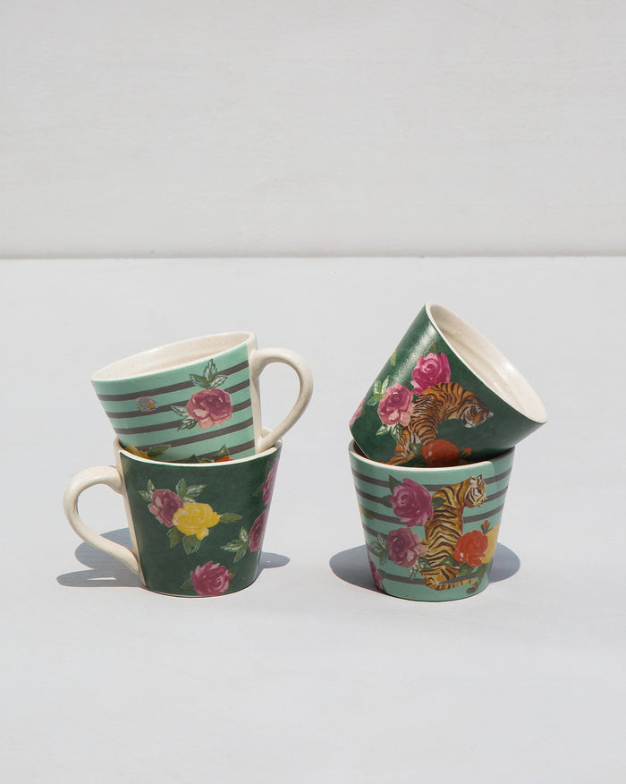 Stacked Serai Espresso Mugs in green with rose and tiger prints.