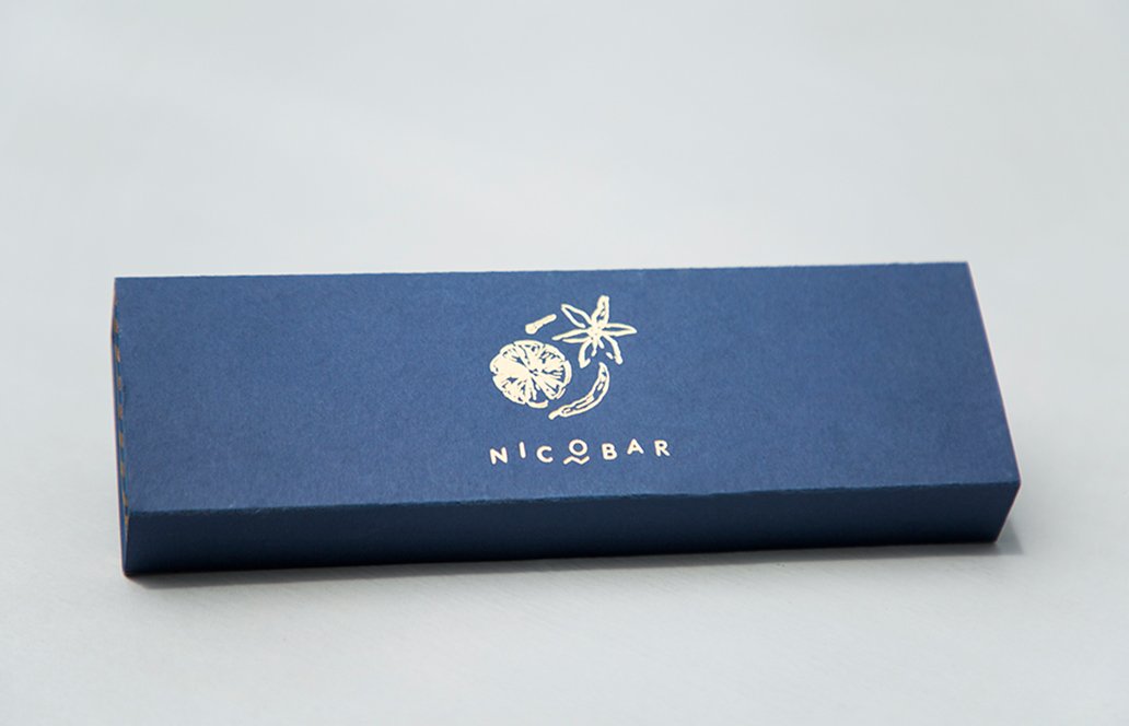 Jewellery Box Long in blue, with a gold foil flower and shell motif on the lid.