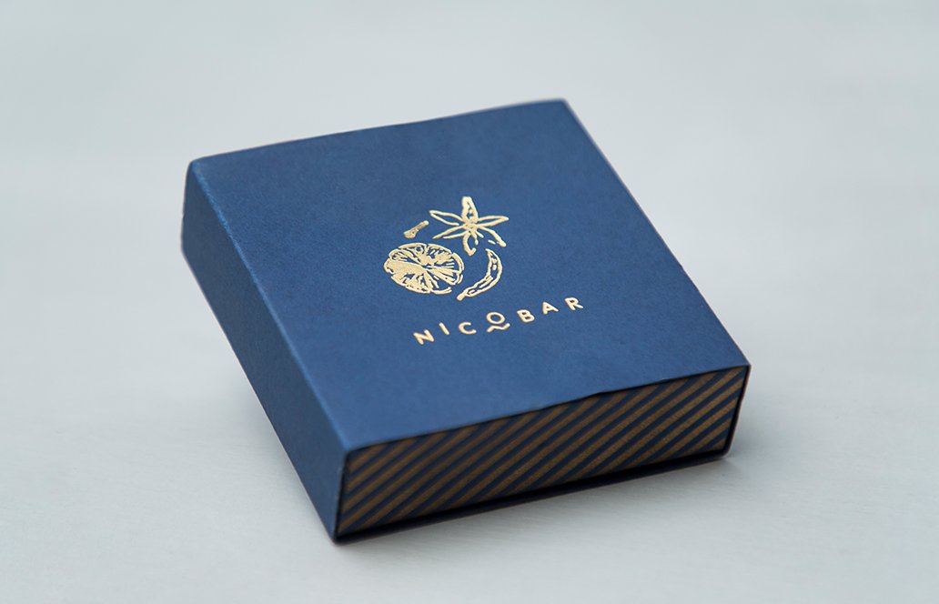 Jewellery Box Small in blue, with a gold foil flower and shell motif on the lid.