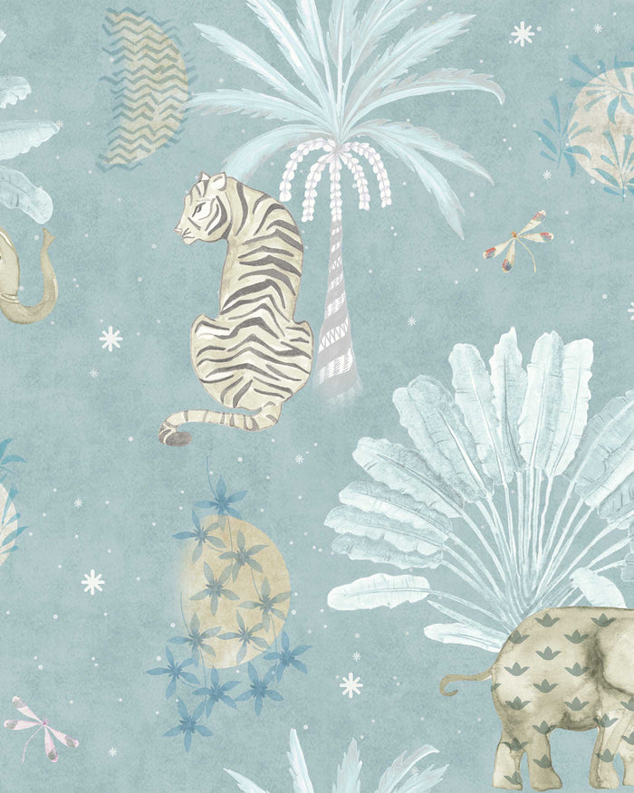 Close-up of Moonrise Island Wallpaper in blue showing a tiger, palm and elephant.