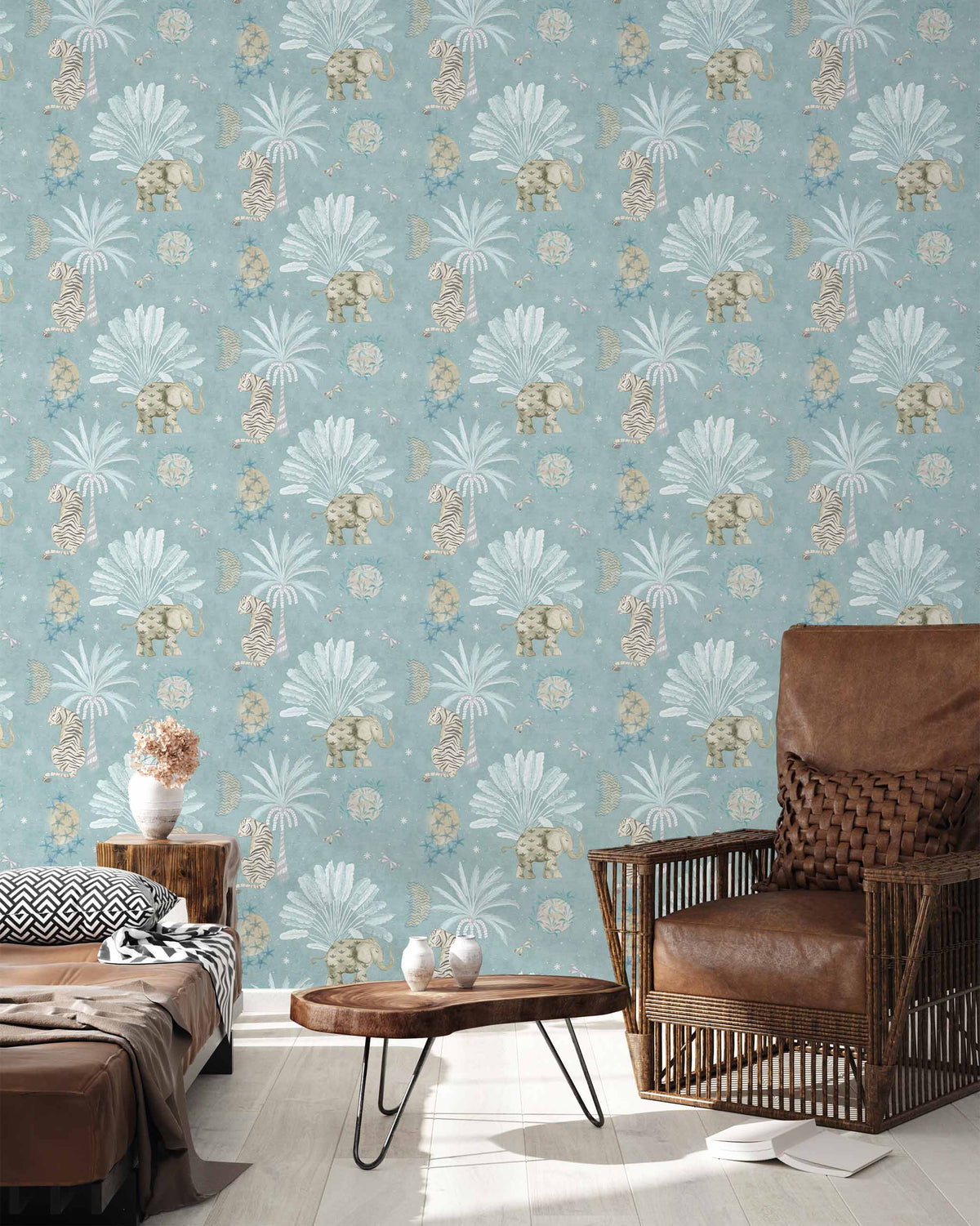 Moonrise Island Wallpaper in blue covering a room wall, with tigers and palms.