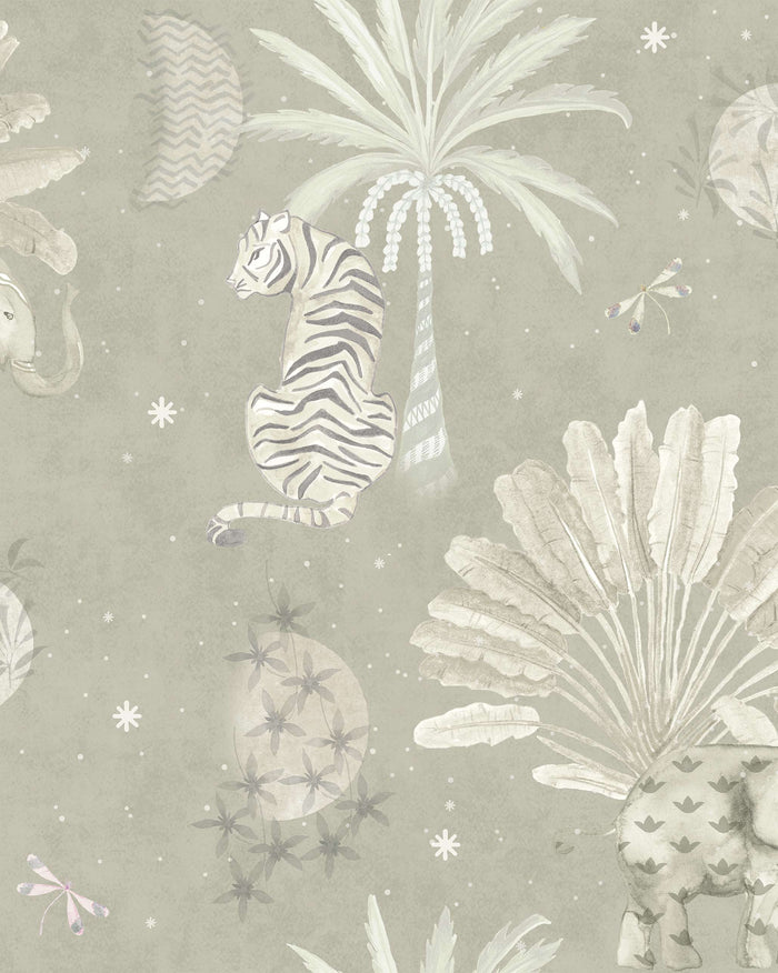 Moonrise Island grey wallpaper with tiger, palms, and elephant motifs.