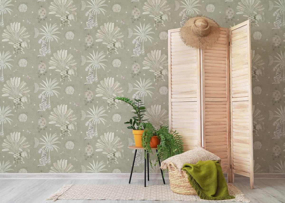 Sage Moonrise Island wallpaper with tiger and palm print in a room corner.