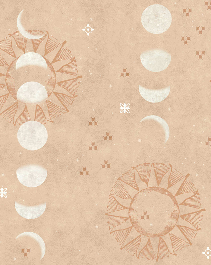 Petals In The Sky Wallpaper - Peach with moon phases and sun motifs.