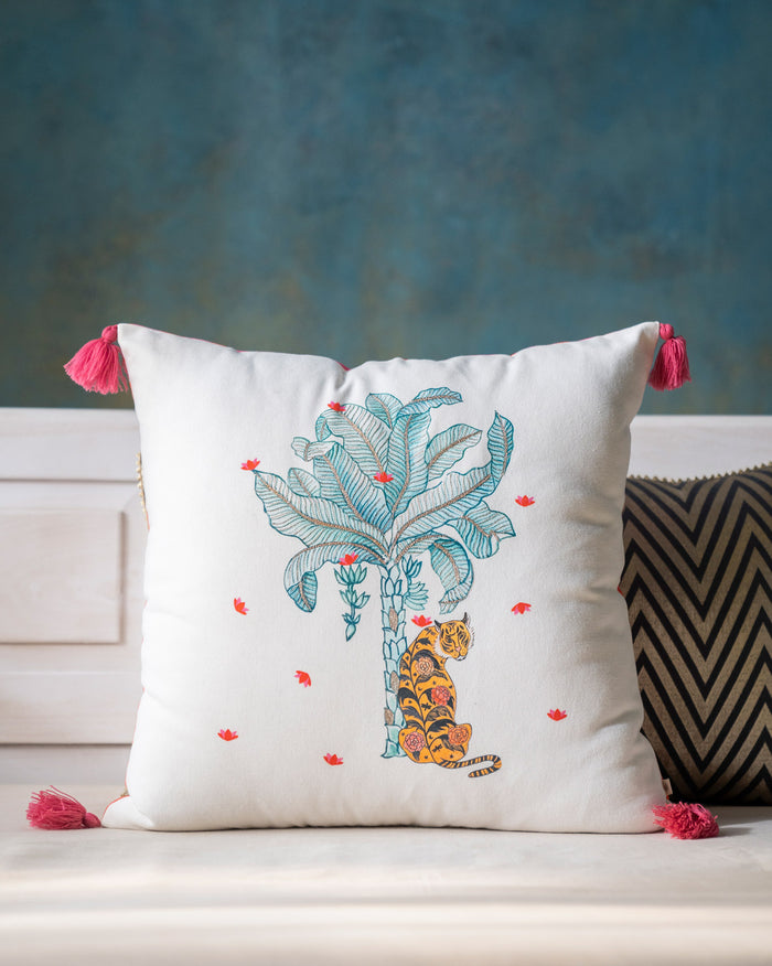 Nirvana cushion cover with a turquoise palm tree and tiger motif.