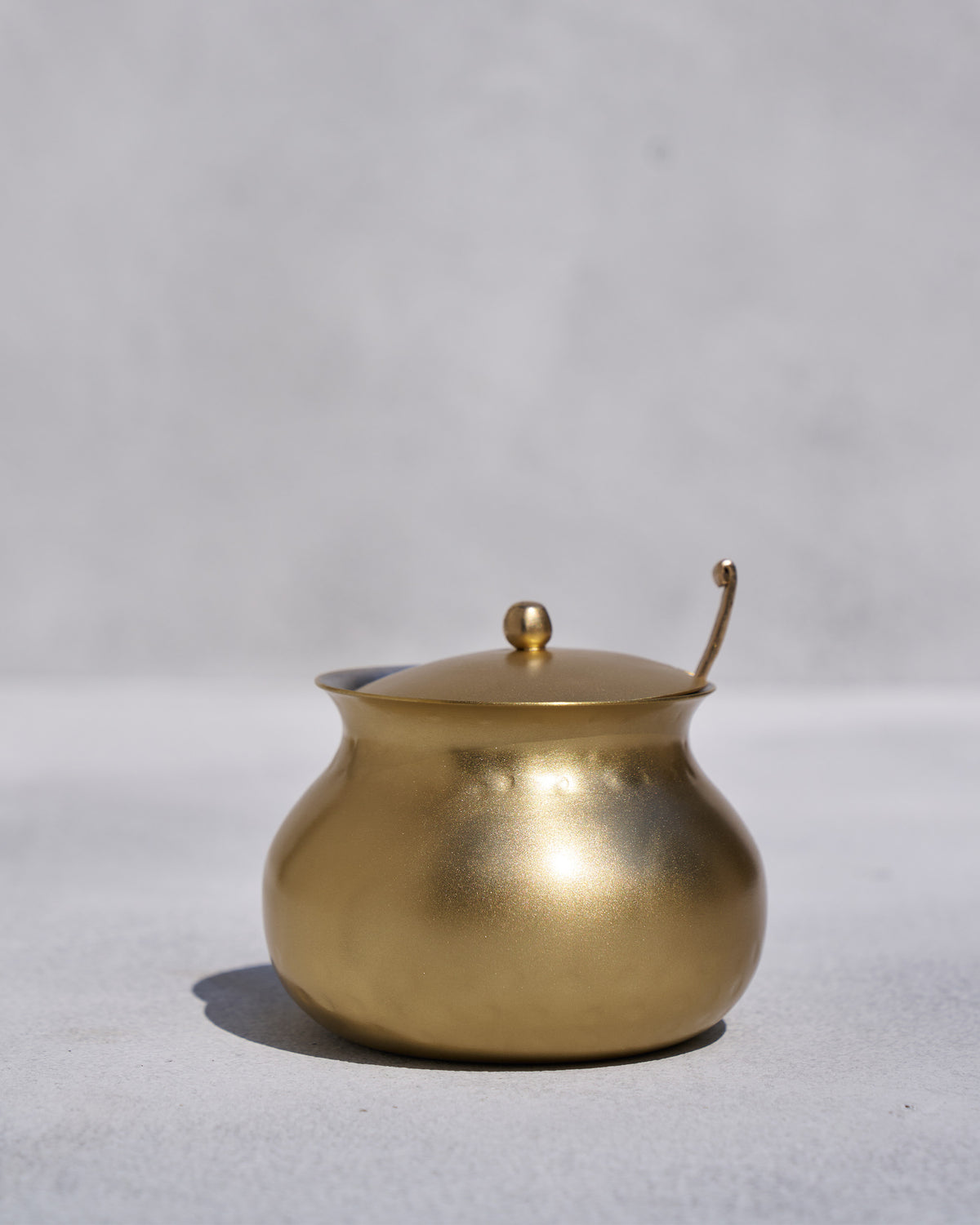 Brass Madhu ghee pot with lid and ladle handle through the notch.
