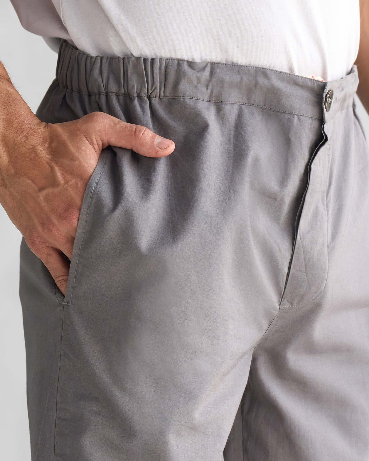 Close-up of charcoal Shillong jammies showing the elasticated waistband.