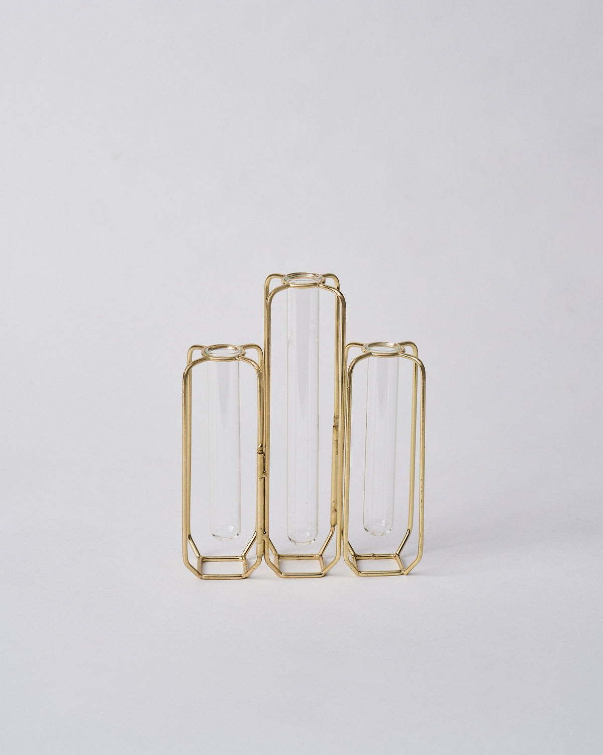 Front view of three gold wire test tube vases with glass tubes.