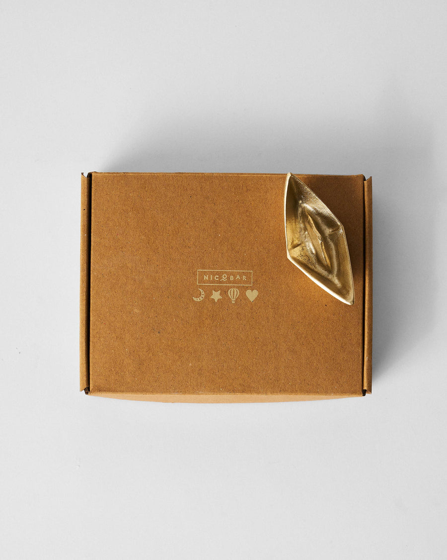 The Boat Origami on its kraft Nicobar box.