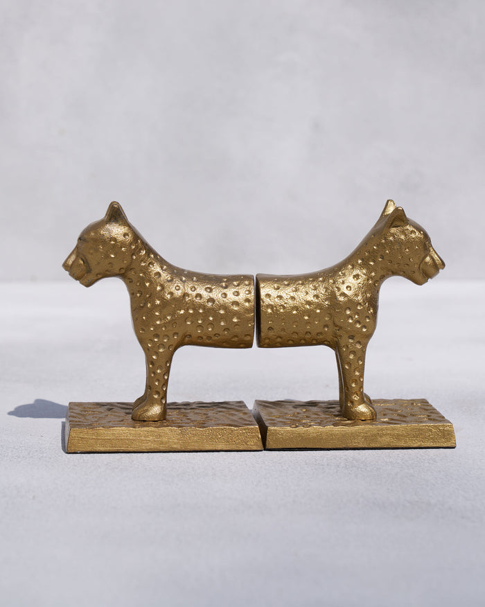 Pair of Leopard Bookends in brass-toned metal with a spotted leopard form.