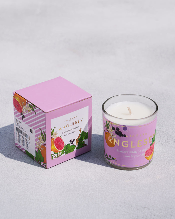 Anglesey jar candle beside its lilac box.