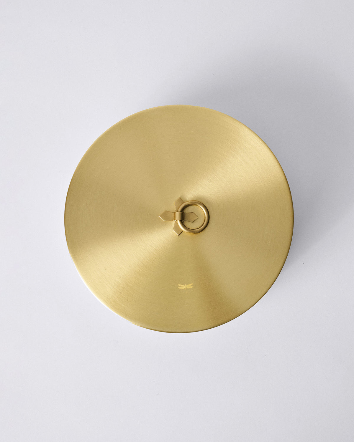 Close-up of the brushed brass roti box lid with a ring pull and dragonfly mark.